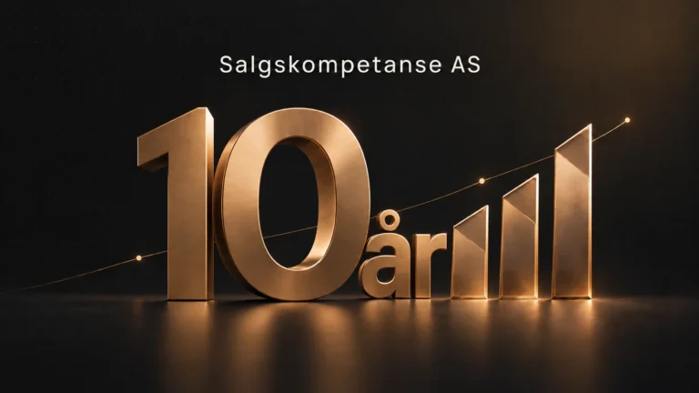 Salgskompetanse AS 10 år – grafikk i gull på svart bakgrunn med stigende søyler