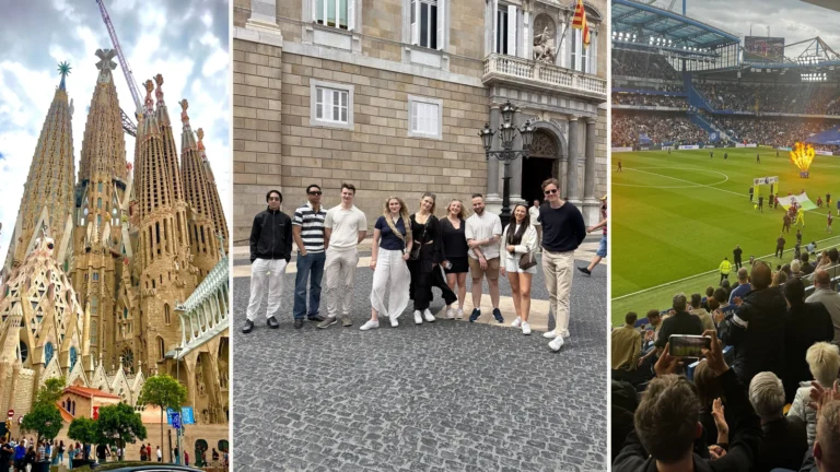 Tre bilder fra firmaturene til Salgskompetanse: Sagrada Família i Barcelona, teamet samlet i Barcelona og Stamford Bridge i London